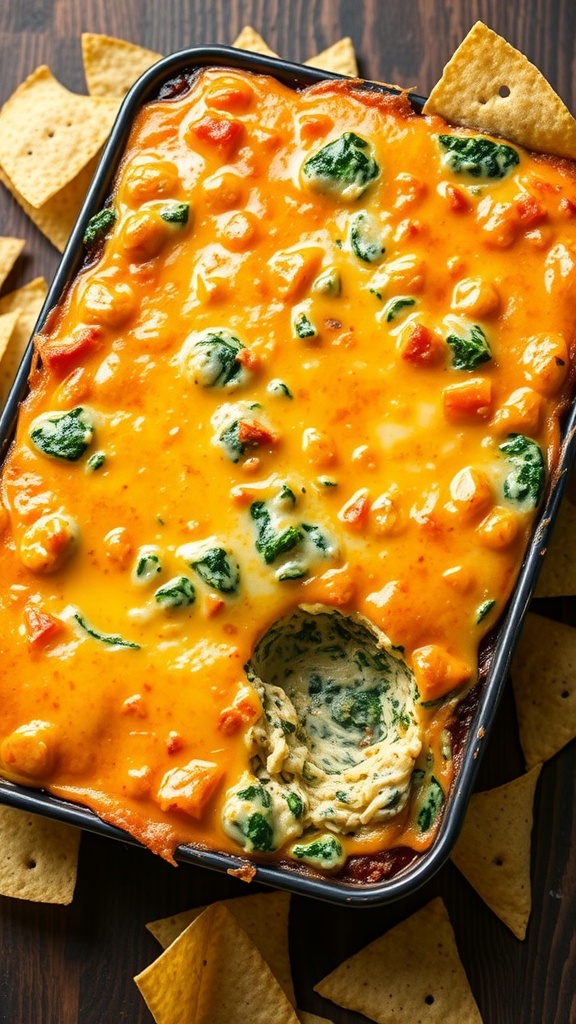Cheesy spinach artichoke dip in a 9x13 dish, garnished with tortilla chips on a wooden table.